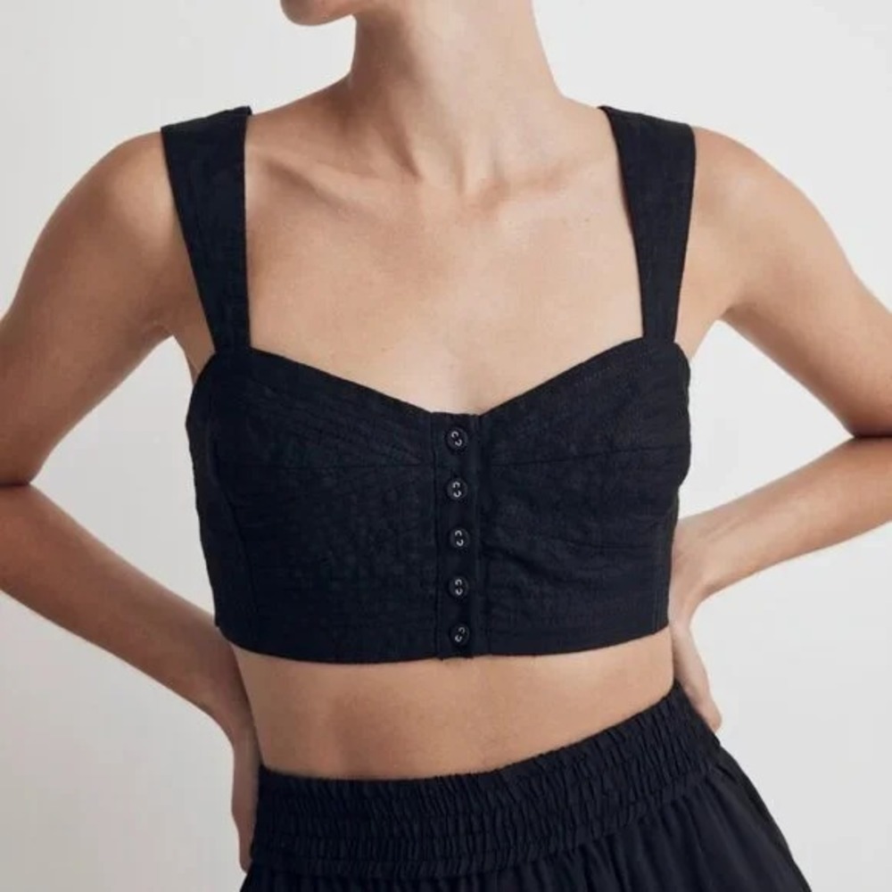 Madewell 100% Linen Sweetheart Crop Top Bralette, Black, Size 00‎ NWT $82